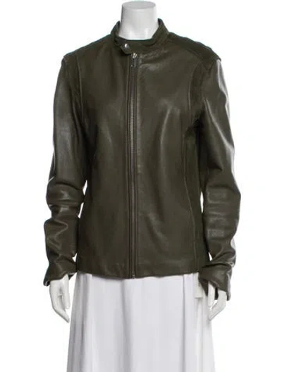 Pre-owned Reiss Leather Biker Jacket In Green