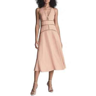 Reiss Leena Womens Linen Blend Lace Inset Midi Dress In Neutral