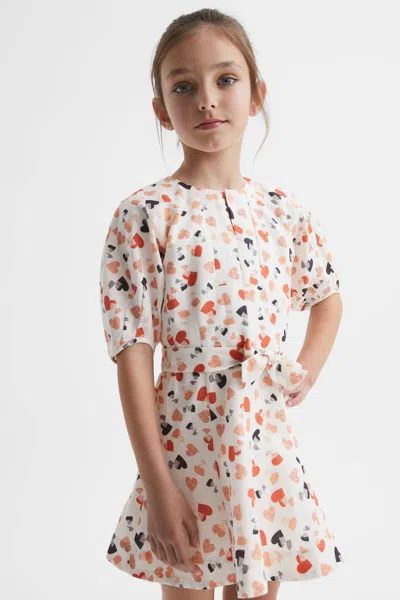Reiss Kids'  Ivory Print Freeda 4-9 Yrs Heart Print Linen Mini Dress