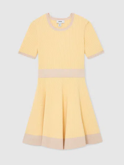 Reiss Lemon Coraline 13-14 Yrs Rib-knit Colour-block Dress In Yellow