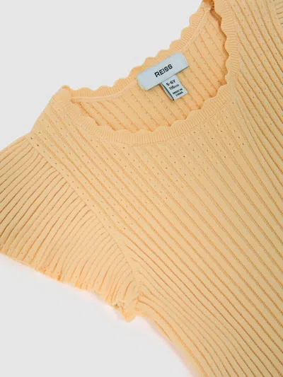 Reiss Lemon Yellow Pointelle Rib-knit Frill-sleeve Top In Neutral
