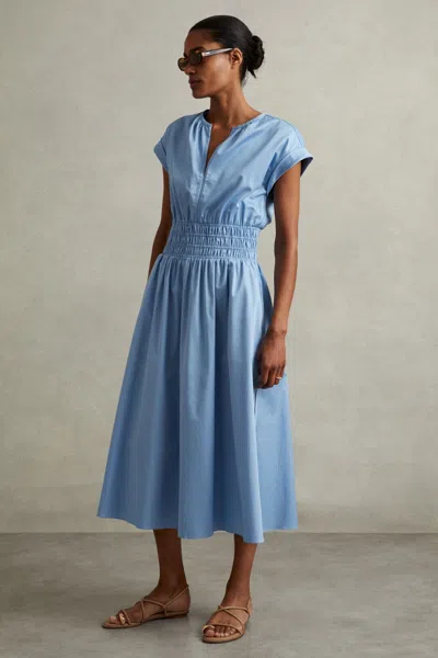 Reiss Blue Cotton Ruched Waist Midi Dress
