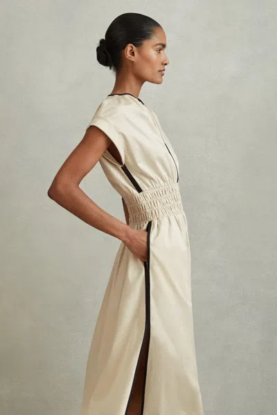 Reiss Neutral/black Lena Cotton Ruched Waist Midi Dress