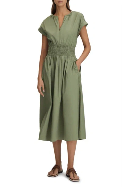 Reiss Lena - Green Cotton Ruched Waist Midi Dress, Us 10