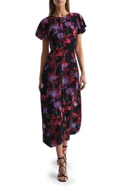 REISS REISS LENI FLORAL FLUTTER SLEEVE MIDI DRESS