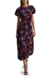 Reiss Leni Floral Flutter Sleeve Midi Dress In Black/pink