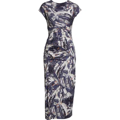 Reiss Lennia Cap Sleeve Ruched Jersey Midi Dress In Navy/neutral