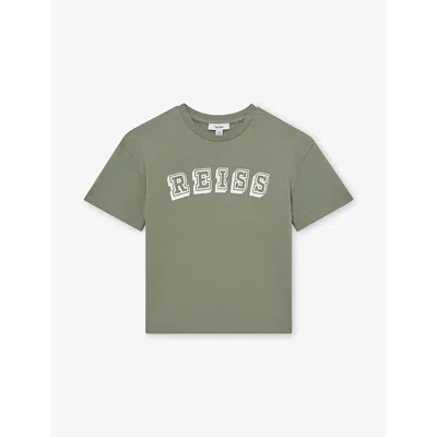 Reiss Kids' Sage Off White Leonard Branded-print Cotton-jersey T-shirt 3-9 In Green