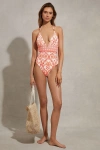 REISS LEONORA - CREAM/CORAL PRINTED PLUNGE NECK SWIMSUIT, US 2