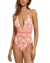 Reiss Leonora Fern Print Deep V Swimsuit In Cream/coral