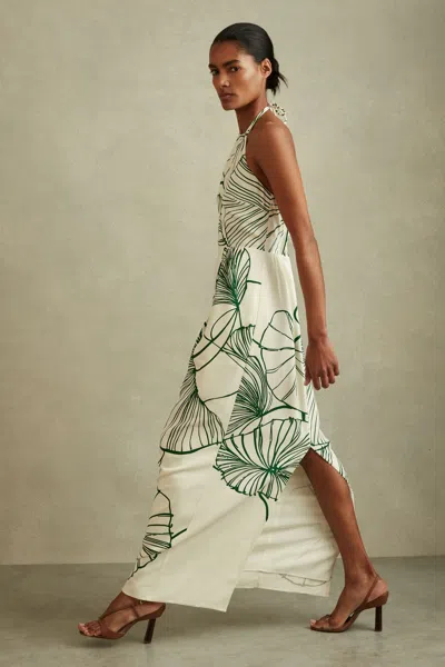 Reiss Lexi - White/green Floral Sketch Halter Neck Maxi Dress, Us 10