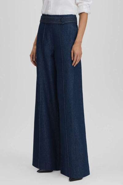 Reiss Lianna Belted Wide-leg Mid-rise Denim Jeans In Dark Blue