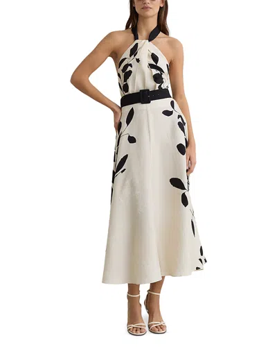 Reiss Womens Ivory Black Libby Leaf-print Woven Midi Dress In Neutral
