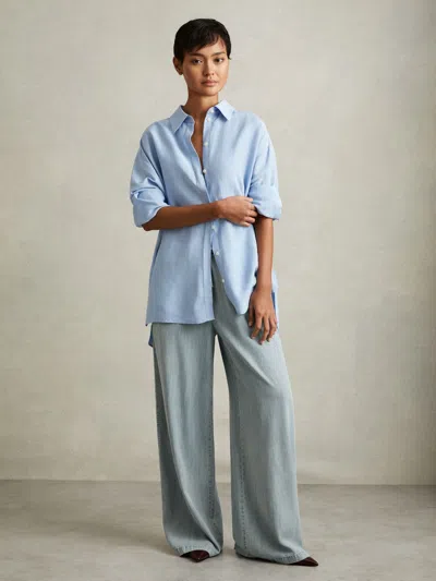 Reiss Light Blue Denim Look Wide Leg Trousers