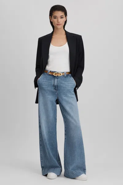 Reiss Light Blue Petite Wide Leg Contrast Stitch Jeans