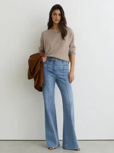 Reiss Light Blue Petite Pintuck-detail Flared Jeans