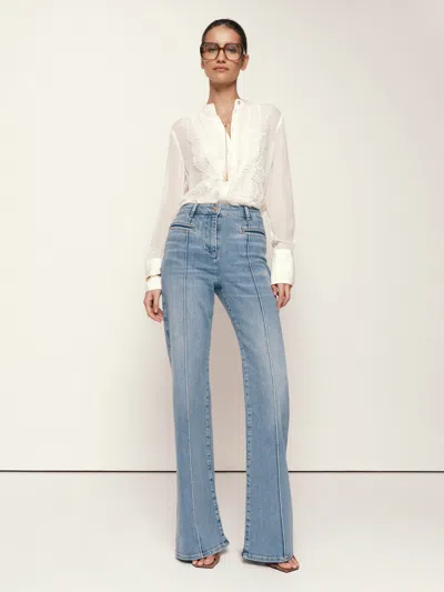 Reiss Light Blue Pintuck-detail Flared Jeans