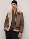 Reiss Hardy Genuine Shearling Trim Aviator Jacket In Brown