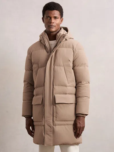 Reiss Light Camel Brown Longline Quilted Puffer Jacket