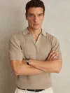 Reiss Taupe Burnham Cotton Blend Textured Half Zip Polo Shirt In Brown