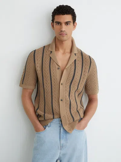 Reiss Mens Light Camel Ellingham Striped Knitted Cotton-blend Shirt Xl In Brown