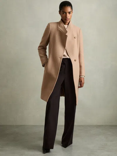Reiss Light Camel Wool Blend Longline Double Breasted Coat In Brown