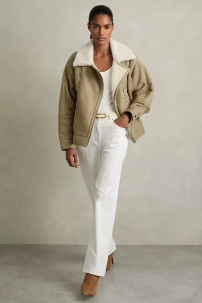 Reiss Light Green Shearling-lined Leather Aviator Jacket