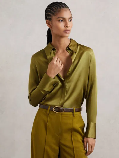 Reiss Light Green Silk-satin Concealed-placket Shirt