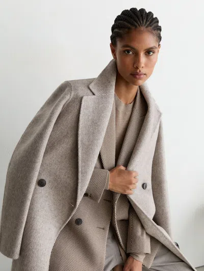 Reiss Light Grey Herringbone Double-breasted Blind-seam Coat Wool-blend In Gray