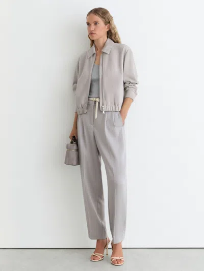 Reiss Light Grey Lottie Suede Petite Suede Cropped Bomber Jacket In Gray
