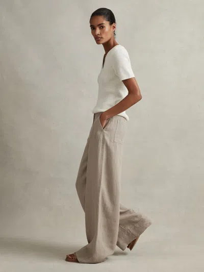 Reiss Light Khaki Demi Linen Wide Leg Garment Dyed Trousers In Brown