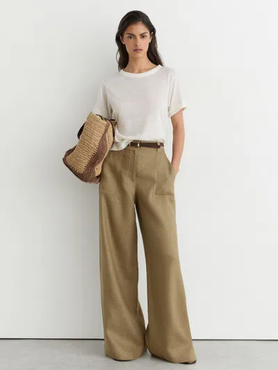 Reiss Light Khaki Green Petite Linen Wide-leg Trousers