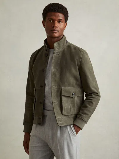 Reiss Light Khaki Green Suede Harrington Jacket