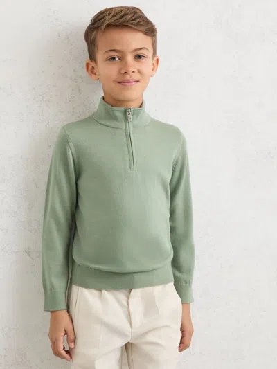 Reiss Light Sage Green Blackhall 9-13 Yrs Wool Half-zip Funnel Neck Jumper In Multi