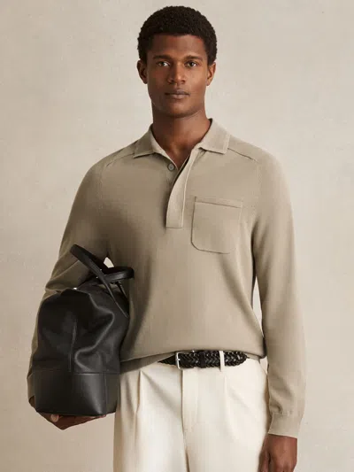 Reiss Light Sage Green Cotton Concealed Placket Polo Shirt In Brown