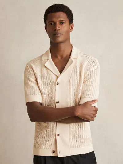 Reiss Light Stone Cotton Textured-knit Cuban-collar Shirt In Neutral