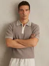 Reiss Light Taupe Brown Micro-cable Half-zip Polo Shirt In Brown