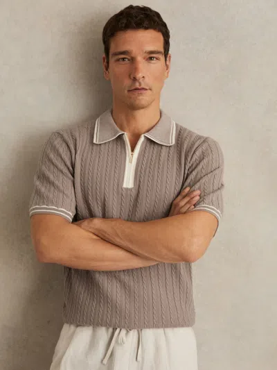 Reiss Light Taupe Brown Micro-cable Half-zip Polo Shirt