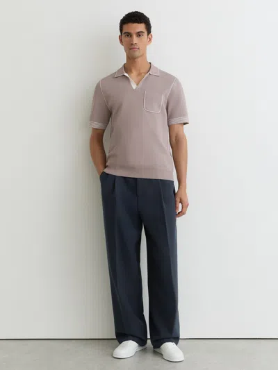 Reiss Mens Light Taupe Brown Newbury Contrast-stitch Stretch-knit Polo Shirt Xs