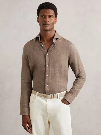 Reiss Light Taupe Brown Ruban Linen Cutaway-collar Shirt