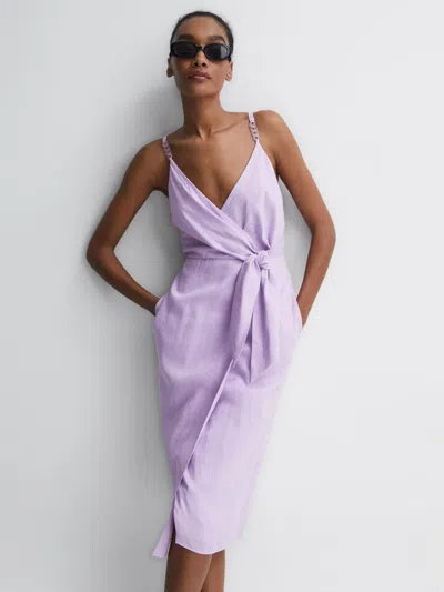 Reiss Lilac Linen Side Tie Midi Dress In Purple