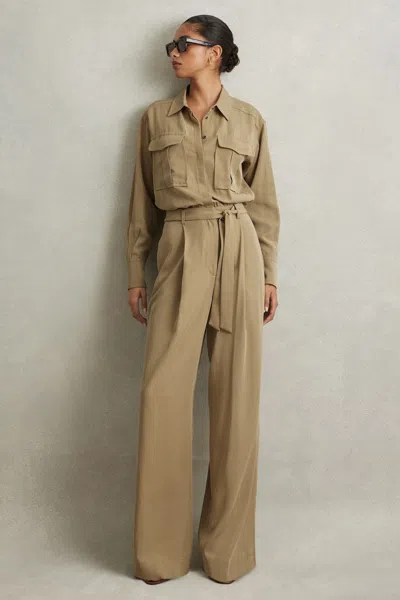 Reiss Liliana - Khaki Petite Lyocell Wide Leg Jumpsuit, 8 In Brown