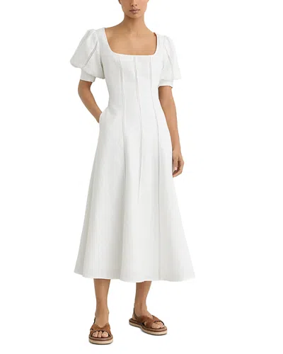 Reiss Linen Puff Sleeve Midi Dress In White