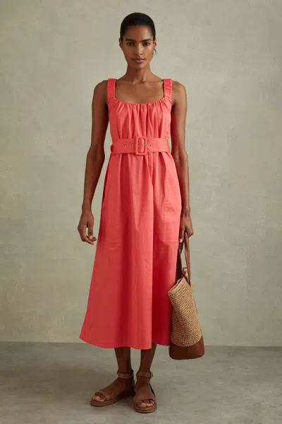 Reiss Liza - Coral Cotton Ruched Strap Belted Midi Dress, Us 8