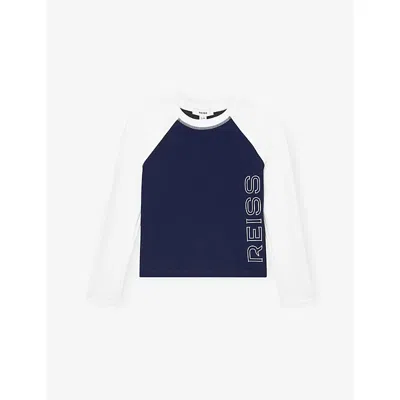 Reiss Kids' Navy Logo Colour-block Stretch-woven Rash Top 3-9 In Blue