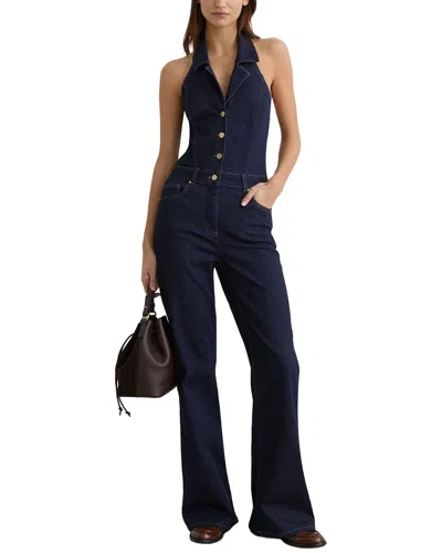 Reiss Lolita Denim Halter Neck Flared Jumpsuit In Blue