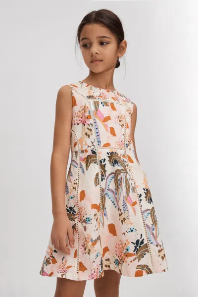 Reiss Kids' Lor - Pink Print Junior Linen Cotton Stitch Dress, 7 In Neutral