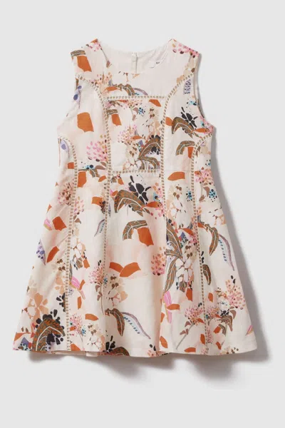 Reiss Lor - Pink Print Teen Linen Cotton Stitch Dress, Uk 13-14 Yrs