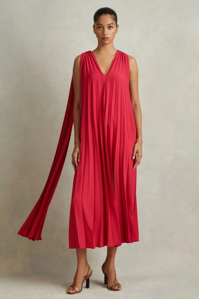 Reiss Coral Pleated Cape Sleeve Midi Dress