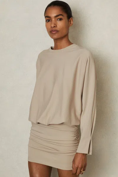 Reiss Neutral Lorenza Ruched Jersey Blouson Top Mini Dress